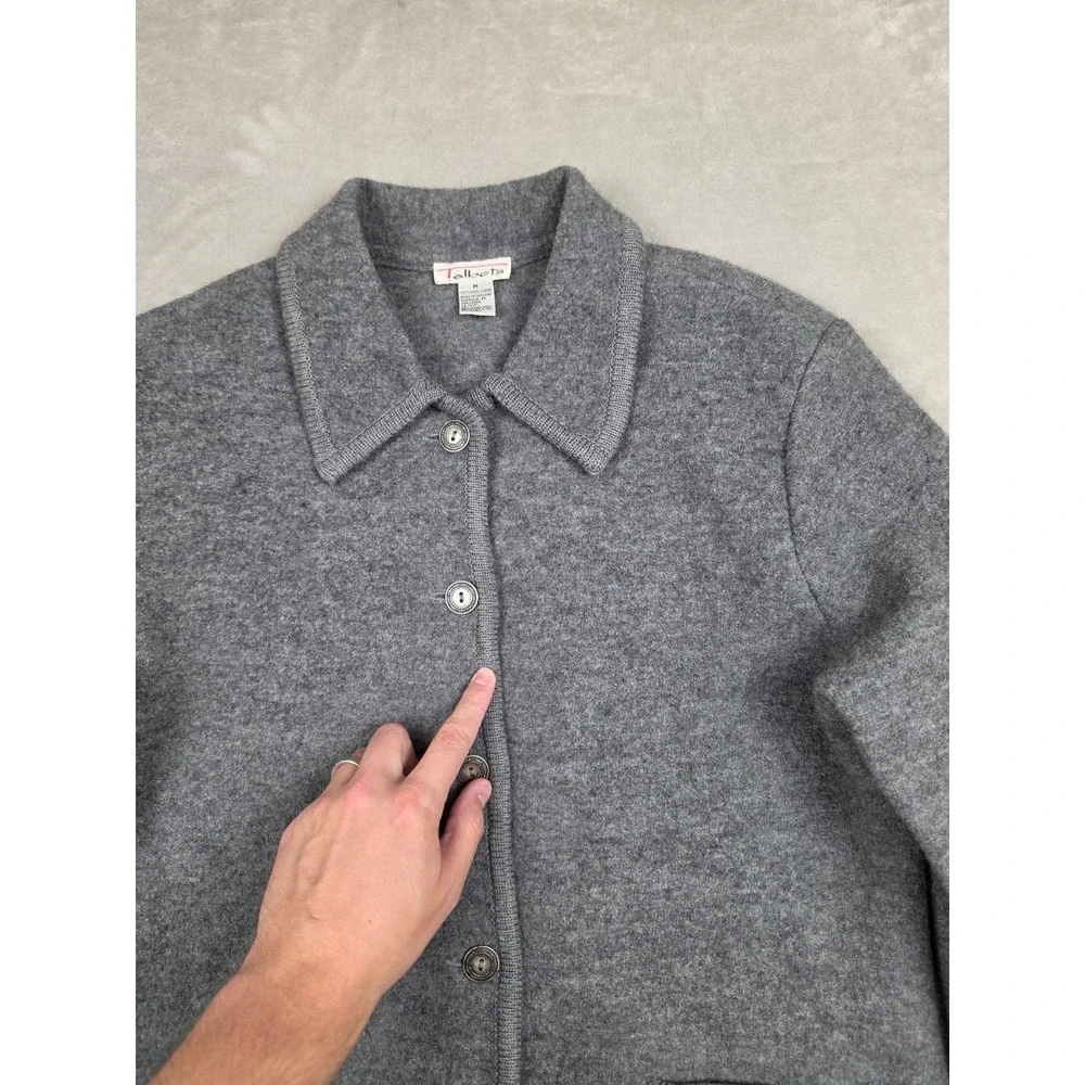 Talbots Cardigan Sweater Women M Gray 100% Wool Button Front Pocket Jacket Read